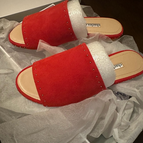 Charles David 100% real leather suede slip on flat sandals in red - Picture 4 of 4